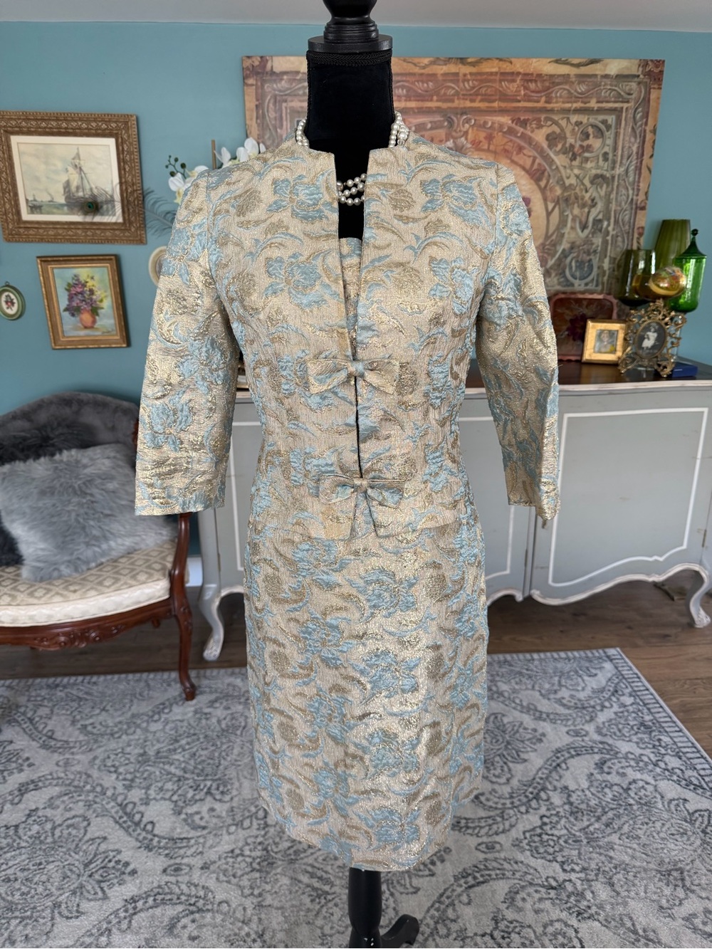 MCM Gold & Blue Lame Brocade Dress & Jacket